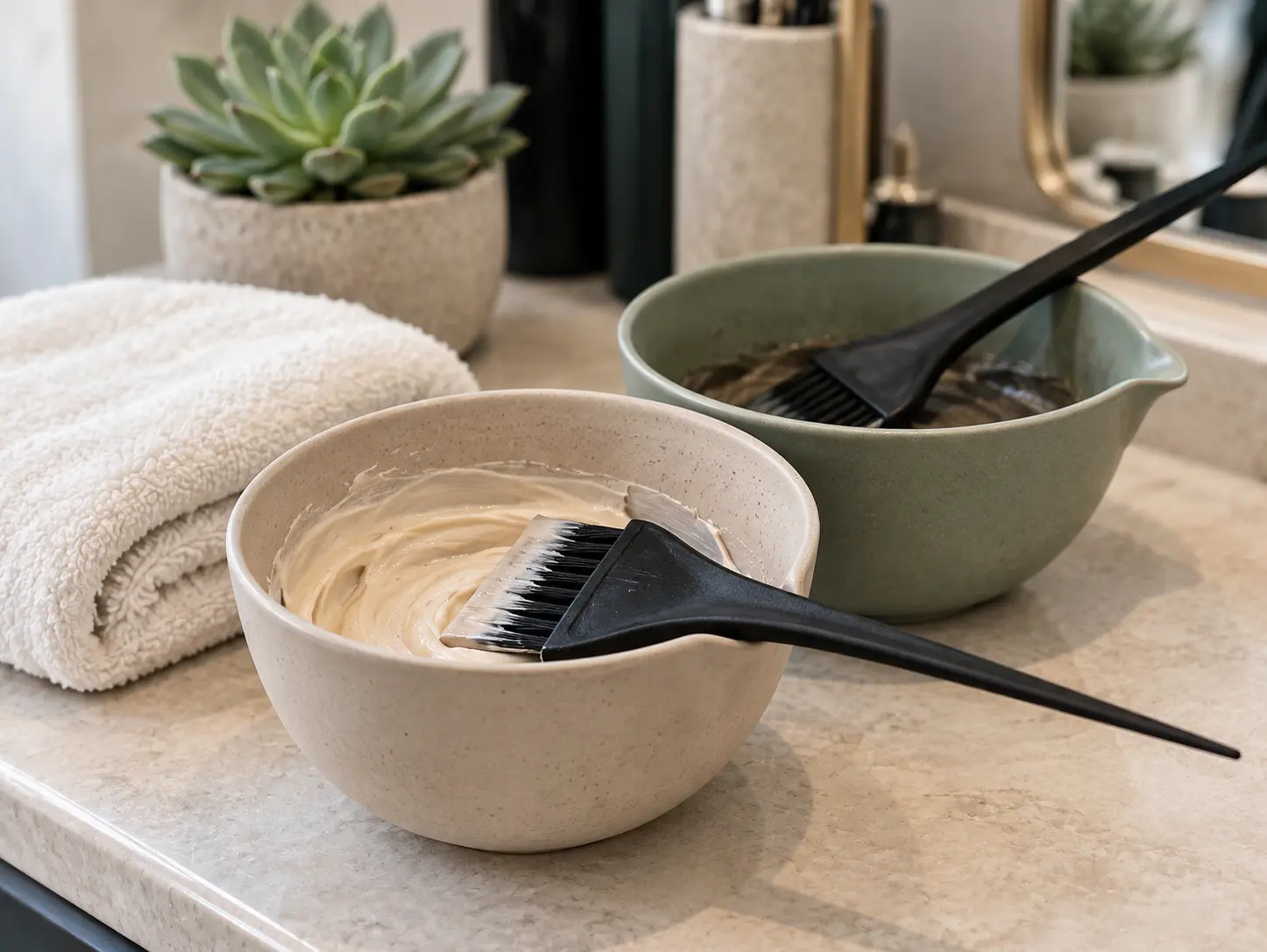 Hair color bowls and tint brushes prepared at Danielle's salon station