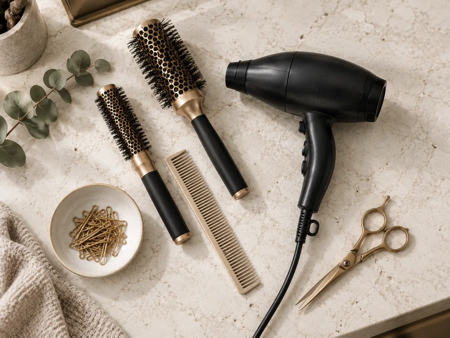 Professional hairstyling tools arranged on a warm stone salon counter